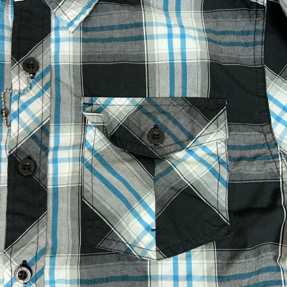 Southpole Shirt Boys Medium Black‎ Gray Blue Plaid Long Sleeve Western Button Up